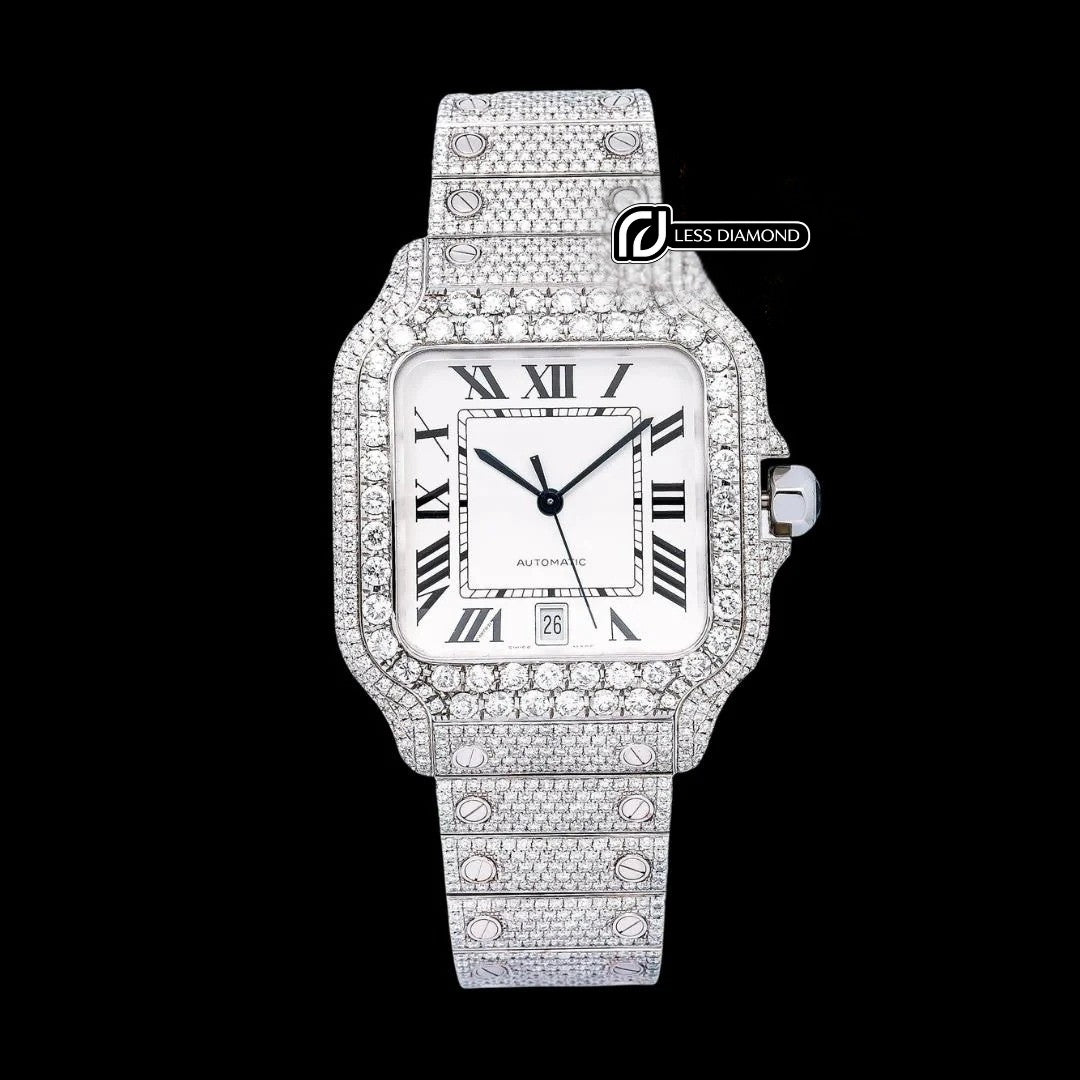 White Dial Cartier Santos Black Roman Numerals Fully Iced Out Moissanite Watch Front View