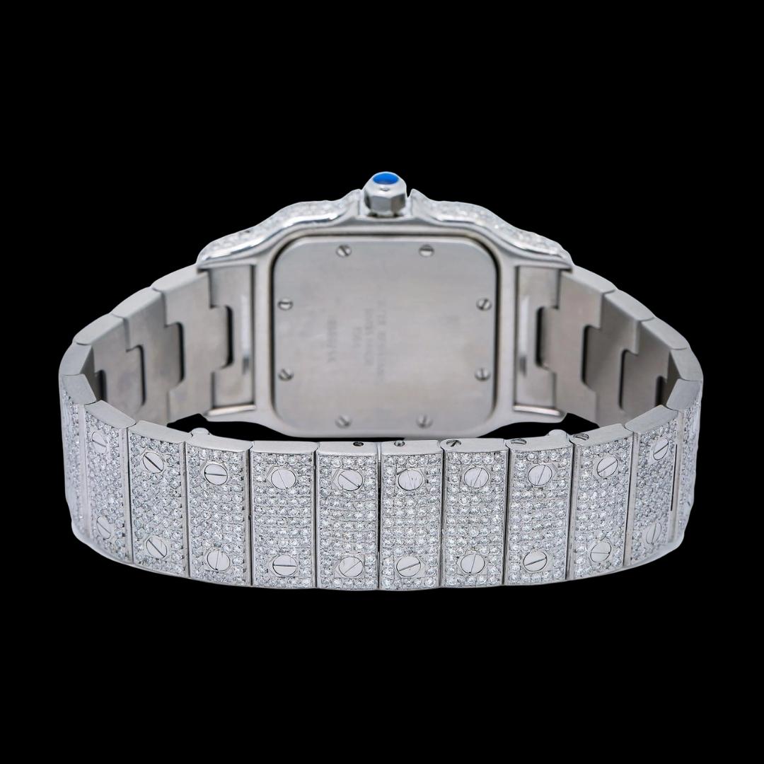 White Dial Roman Numerals Cartier Santos Fully Iced Out Moissanite Diamond Watch Caseback View