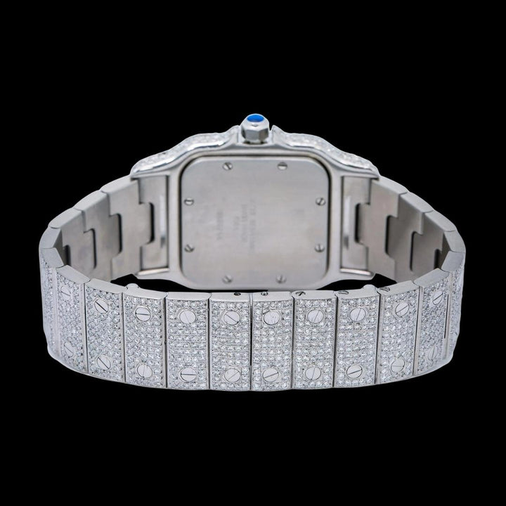 White Dial Roman Numerals Cartier Santos Fully Iced Out Moissanite Diamond Watch Caseback View