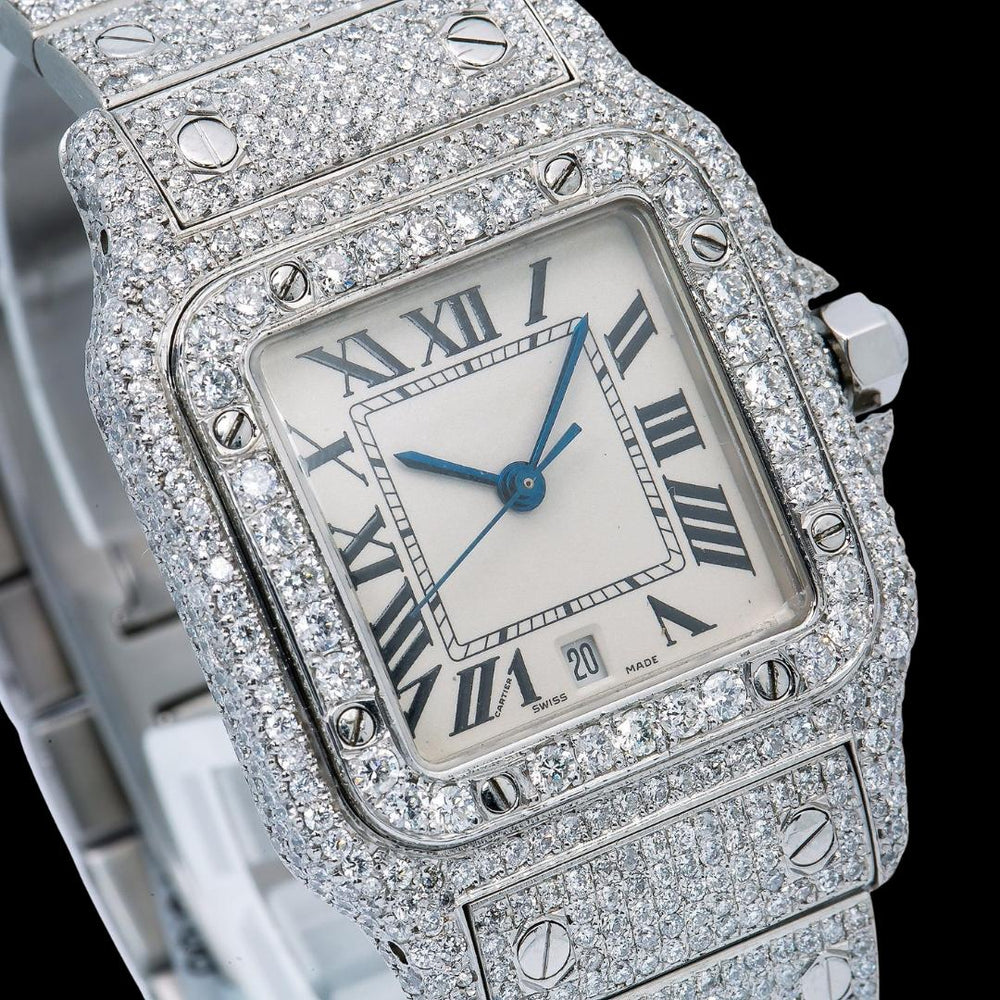 White Dial Roman Numerals Cartier Santos Fully Iced Out Moissanite Diamond Watch Close Up Dial View