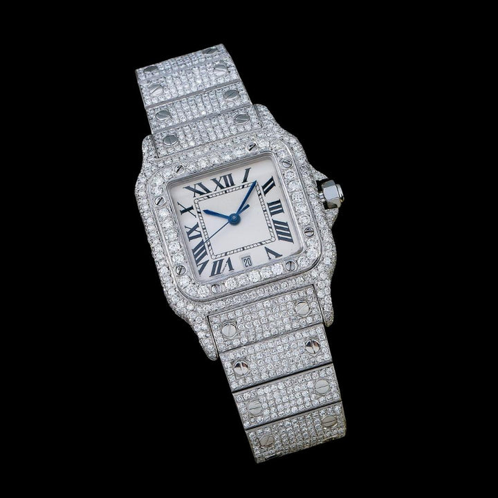 White Dial Roman Numerals Cartier Santos Fully Iced Out Moissanite Diamond Watch Close Up Front View