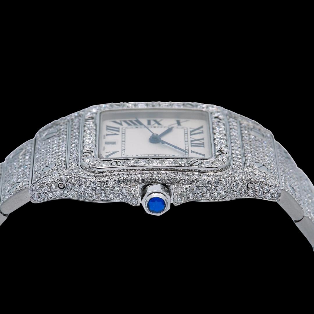 White Dial Roman Numerals Cartier Santos Fully Iced Out Moissanite Diamond Watch Crown View