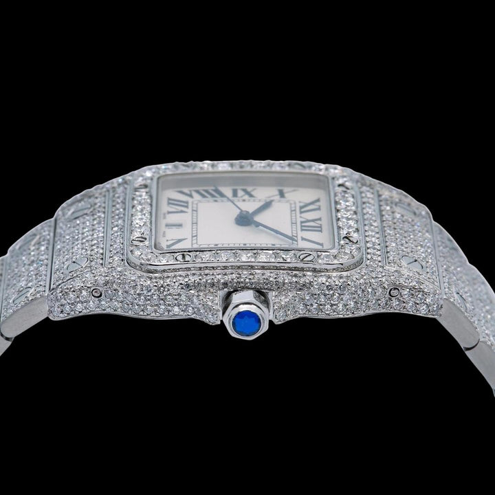 White Dial Roman Numerals Cartier Santos Fully Iced Out Moissanite Diamond Watch Crown View