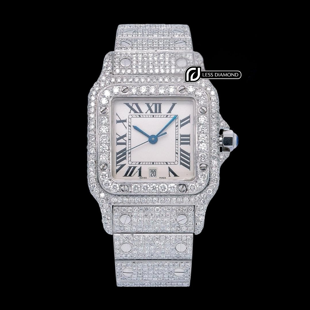 White Dial Roman Numerals Cartier Santos Fully Iced Out Moissanite Diamond Watch Front View
