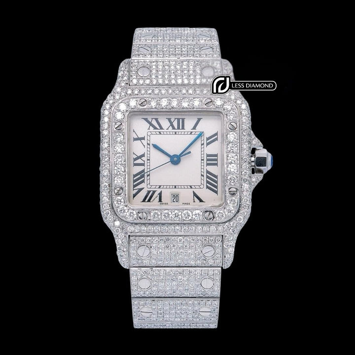 White Dial Roman Numerals Cartier Santos Fully Iced Out Moissanite Diamond Watch Front View