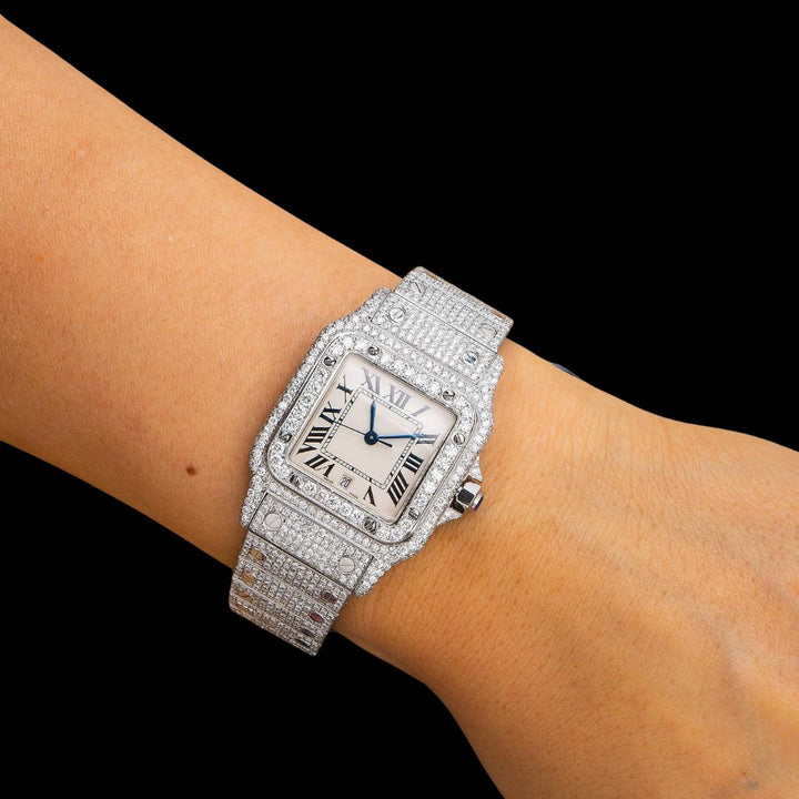 White Dial Roman Numerals Cartier Santos Fully Iced Out Moissanite Diamond Watch On Wrist View